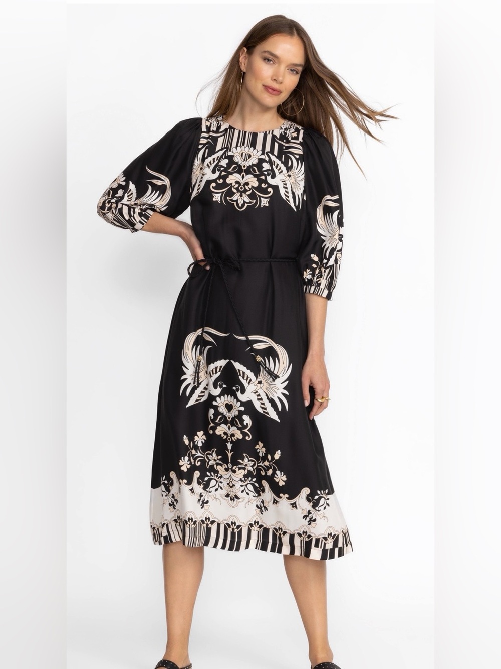 Jade by Johnny Was Viviette Midi Dress - Black & White Bird of Paradise - XS